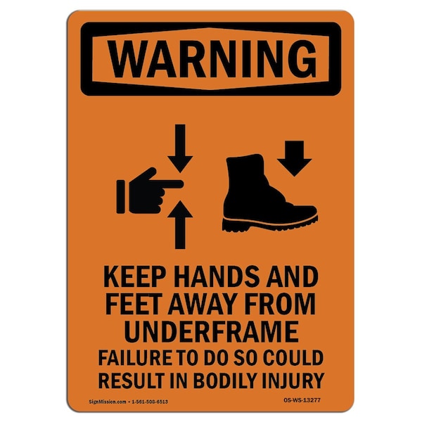 OSHA WARNING Sign, Keep Hands And Feet W/ Symbol, 14in X 10in Aluminum, 10" W, 14" L, Portrait